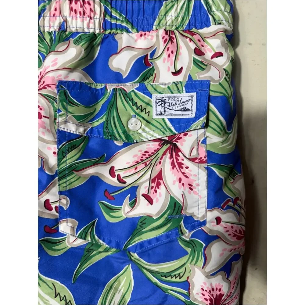 Polo Ralph Lauren Traveler icon logo lilies print swim shorts in blue size XL